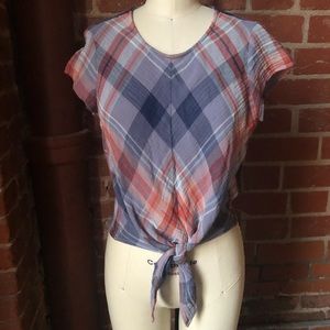 Plaid Cap sleeve tie front top
